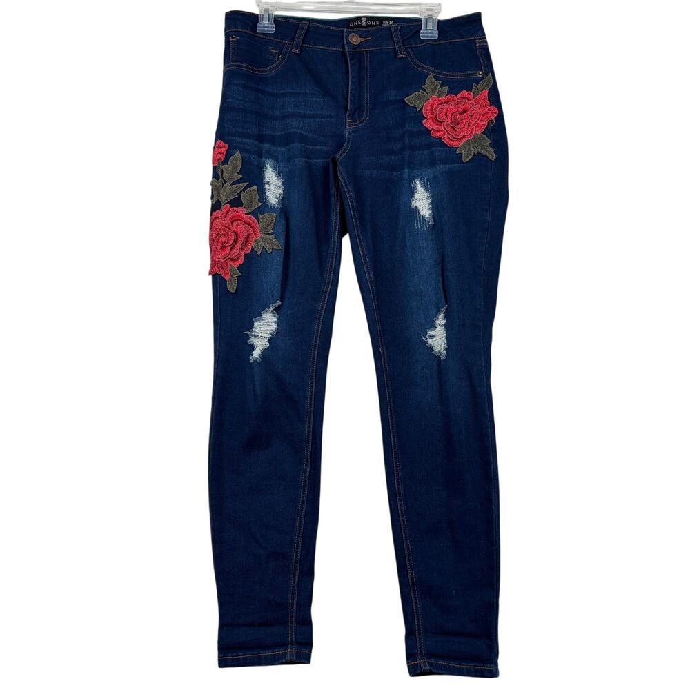 One 5 One Skinny Jeans Size 12 Floral 3D Embroidered Stretch Denim Distressed